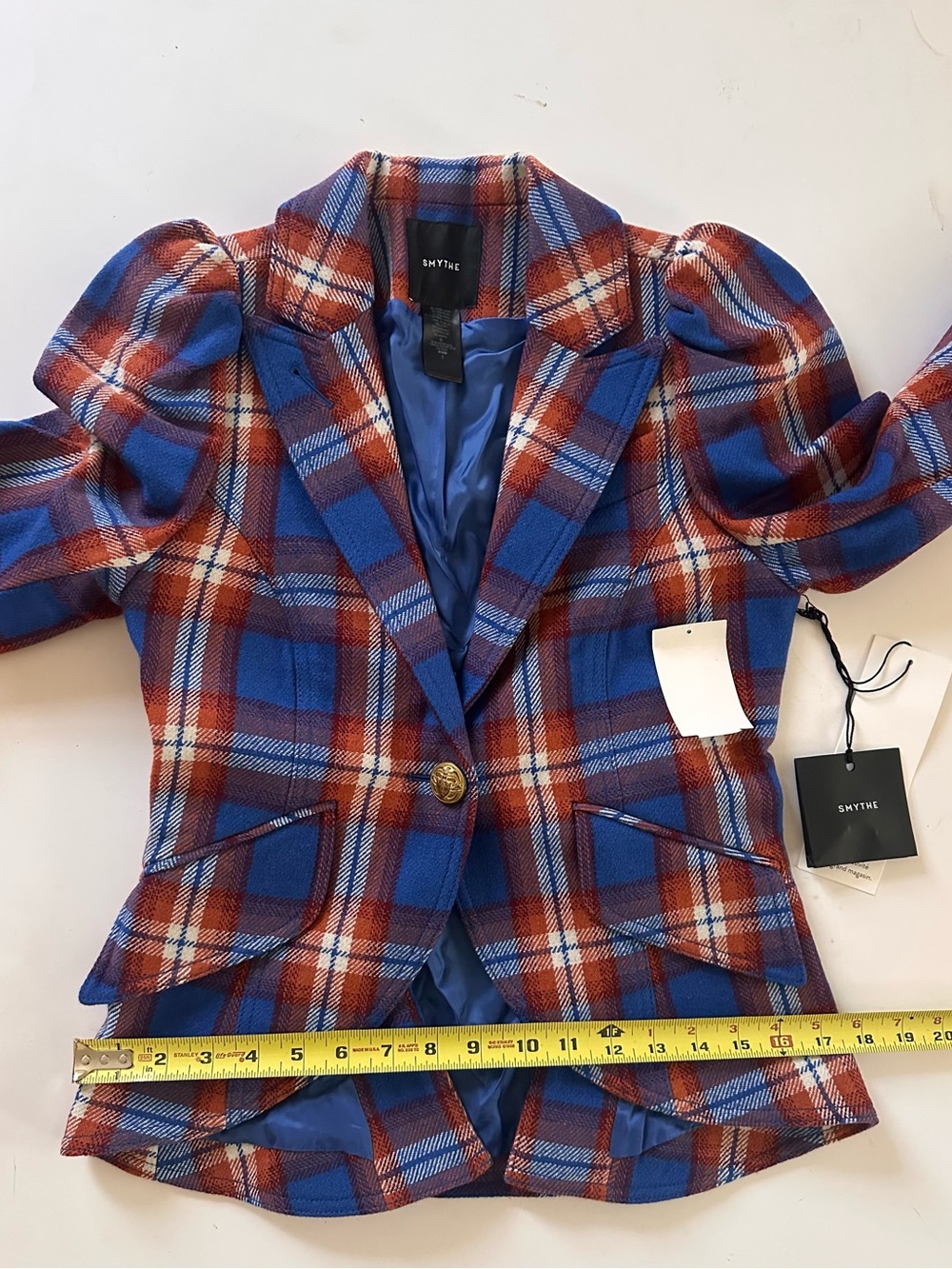 SMYTHE
Pouf Sleeve One Button Blazer in Carmine Plaid With Whiskey - Picture 8 of 8